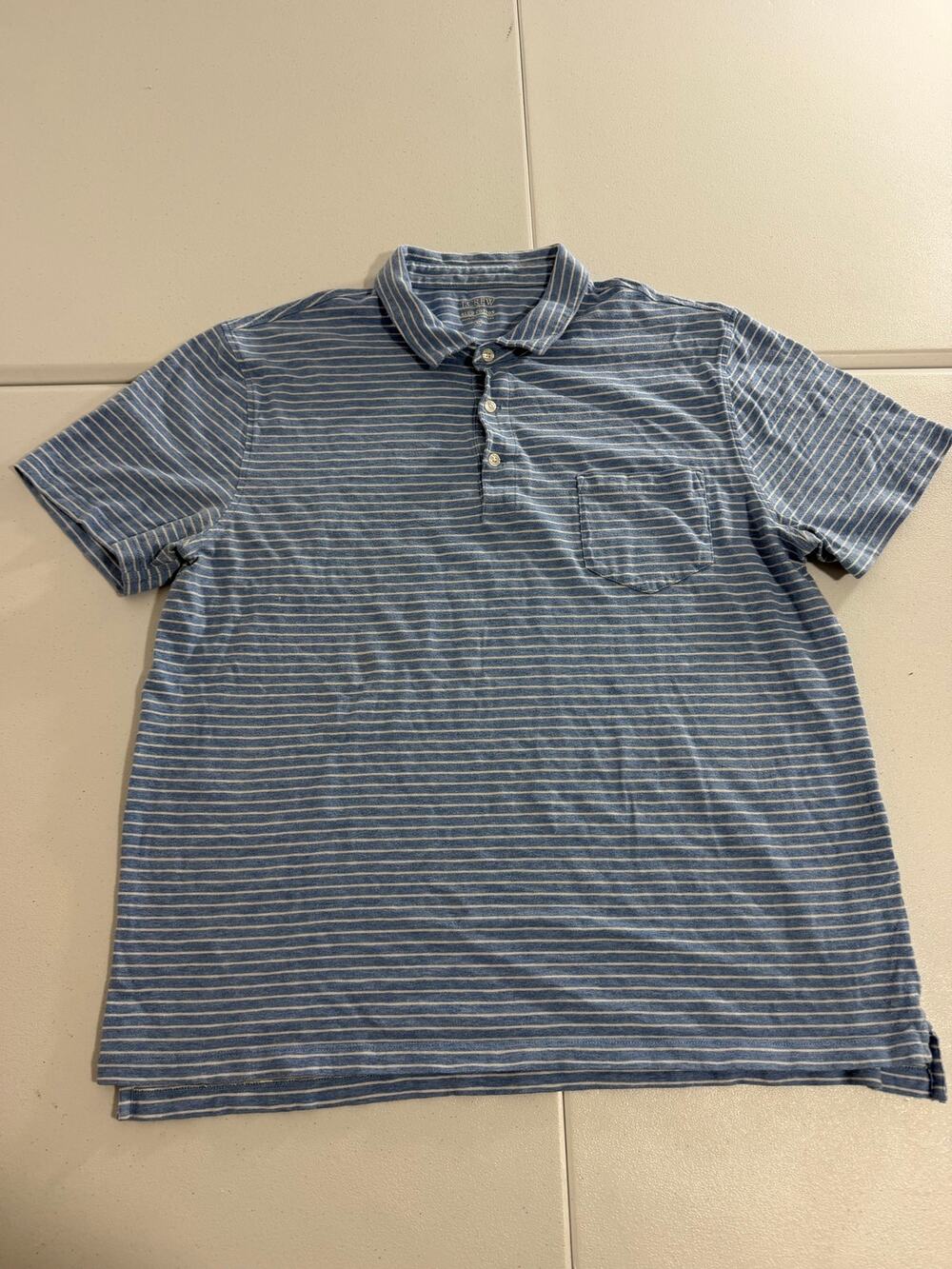 J.Crew Slub Cotton Polo Shirt Mens XL Blue White Striped Chest Pocket Casual